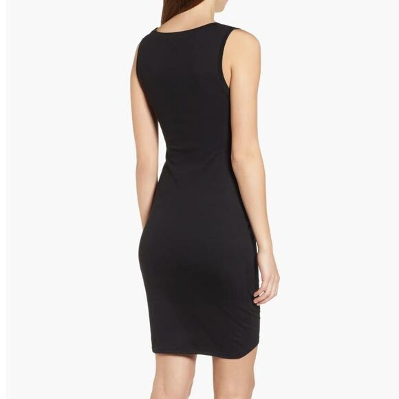 Leith Solid Black Knit Ruched Cinch Side Sleeveless Bodycon Mini Tank Dress - Picture 2 of 12